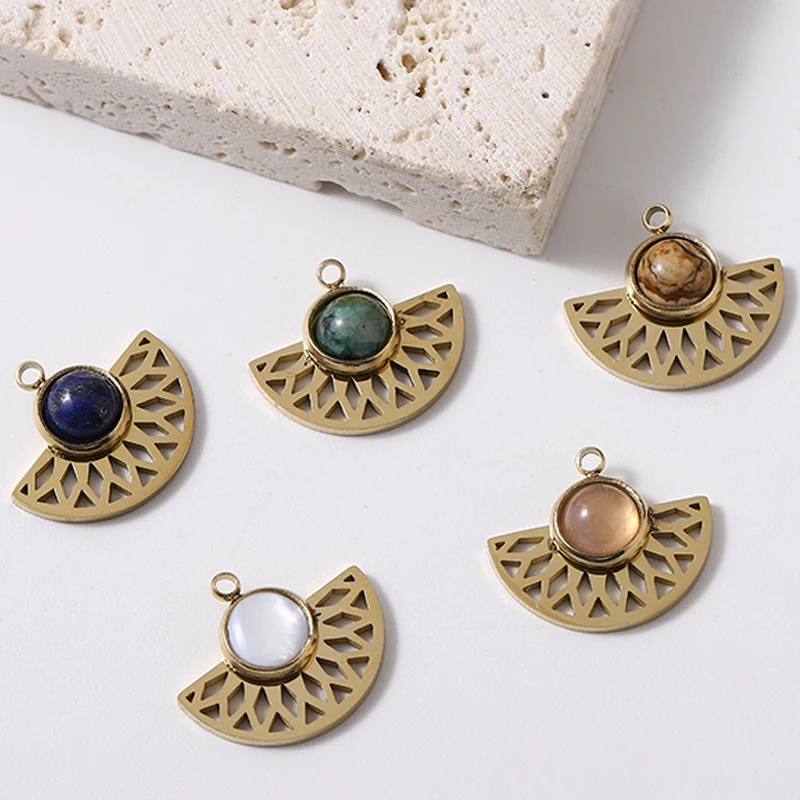 Vintage Natural Stone Sector Necklace Pendant For Women Girls Stainless Steel Pendant Charms Accessories DIY Earring Necklace