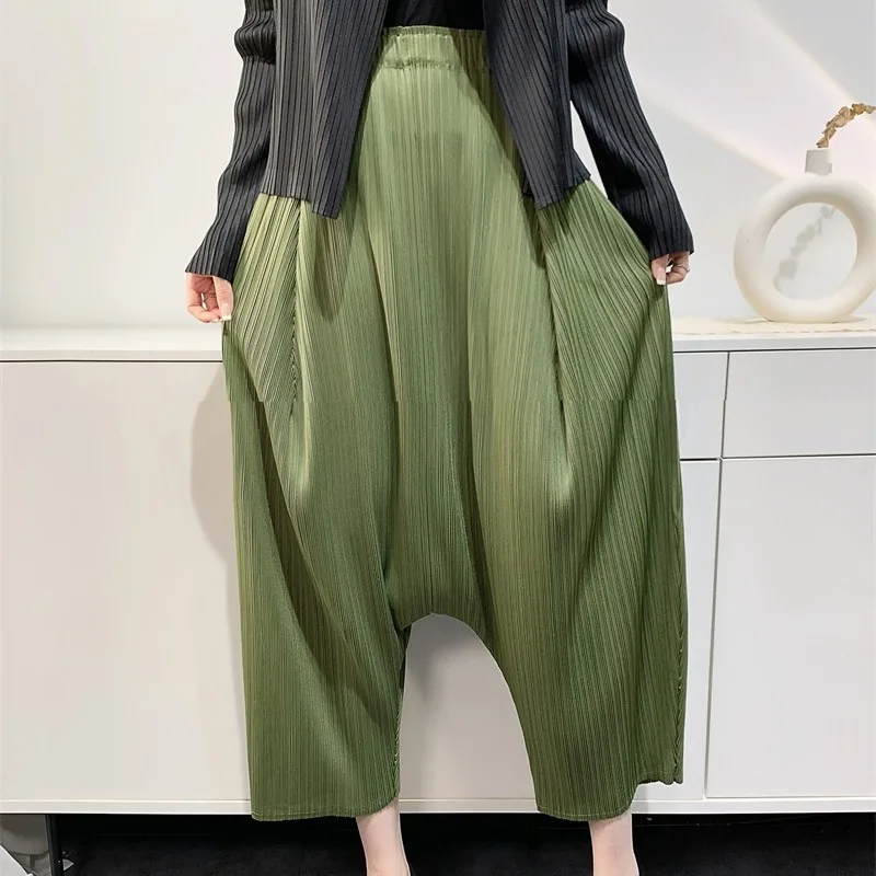 Harlan Trousers Women's Casual High Waist Pleated Loose plus Size Polyester Fiber Summer New Style Three Houses Wind