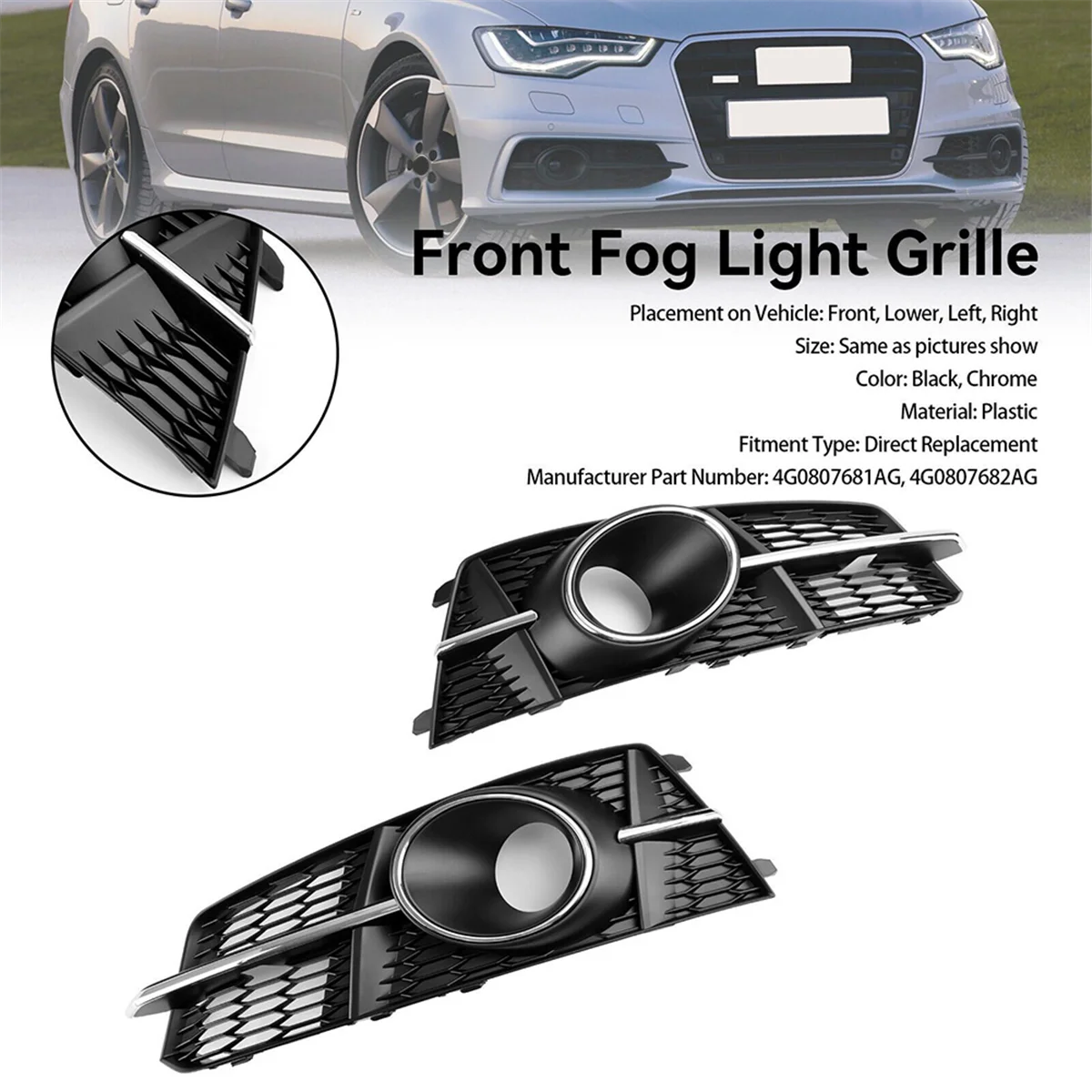 Car Fog Light Grill Lamps Cover with Hole for A6 C7 2016-2018 4G0807681AG 4G0807682AG