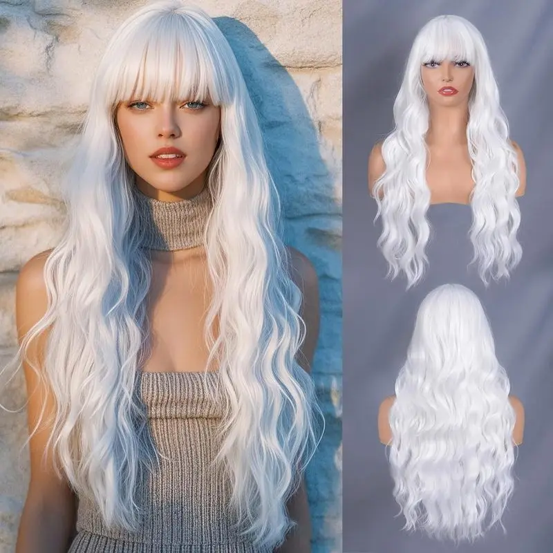 Cross-border European and American style black long straight with bangs, comfortable elastic net, high-temperature fiber wig