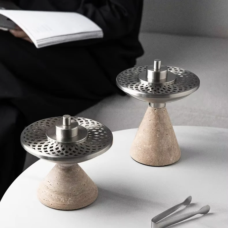 Natural Travertine Incense Burner with Metal Tray Home Ornament Marble Sandalwood Agarwood Bakhoor Mabkhara Burner