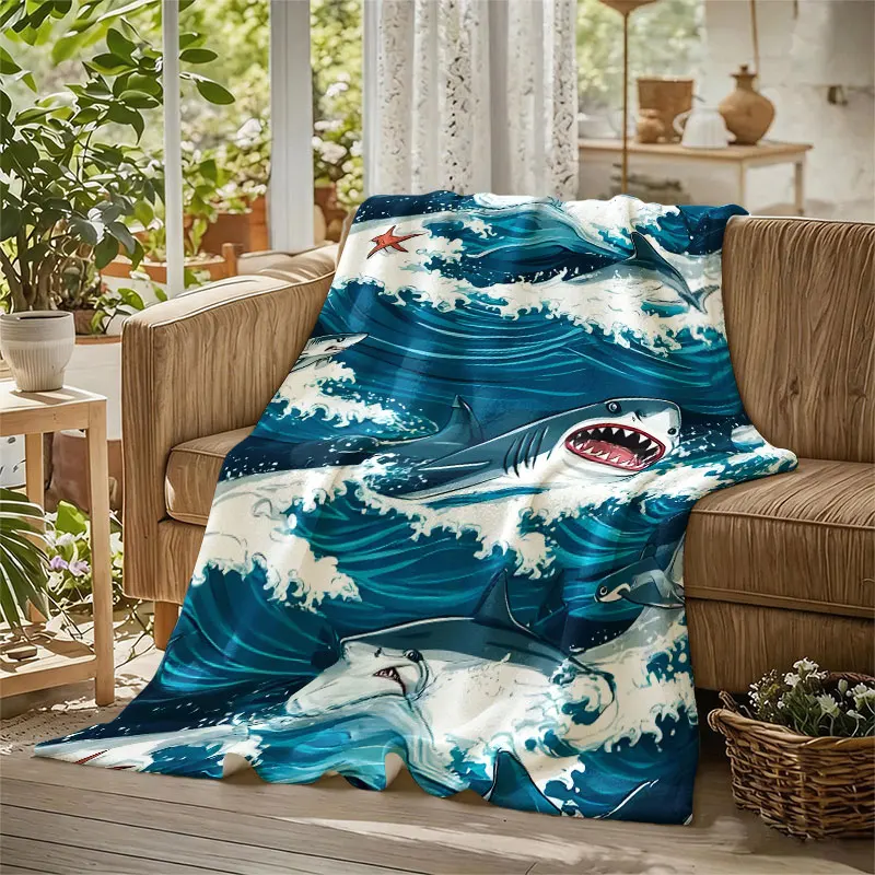 Ocean Shark Wave Flannel Blanket Warm Soft Halloween Christmas Decorative Couch Warm Cozy All-Season Gift