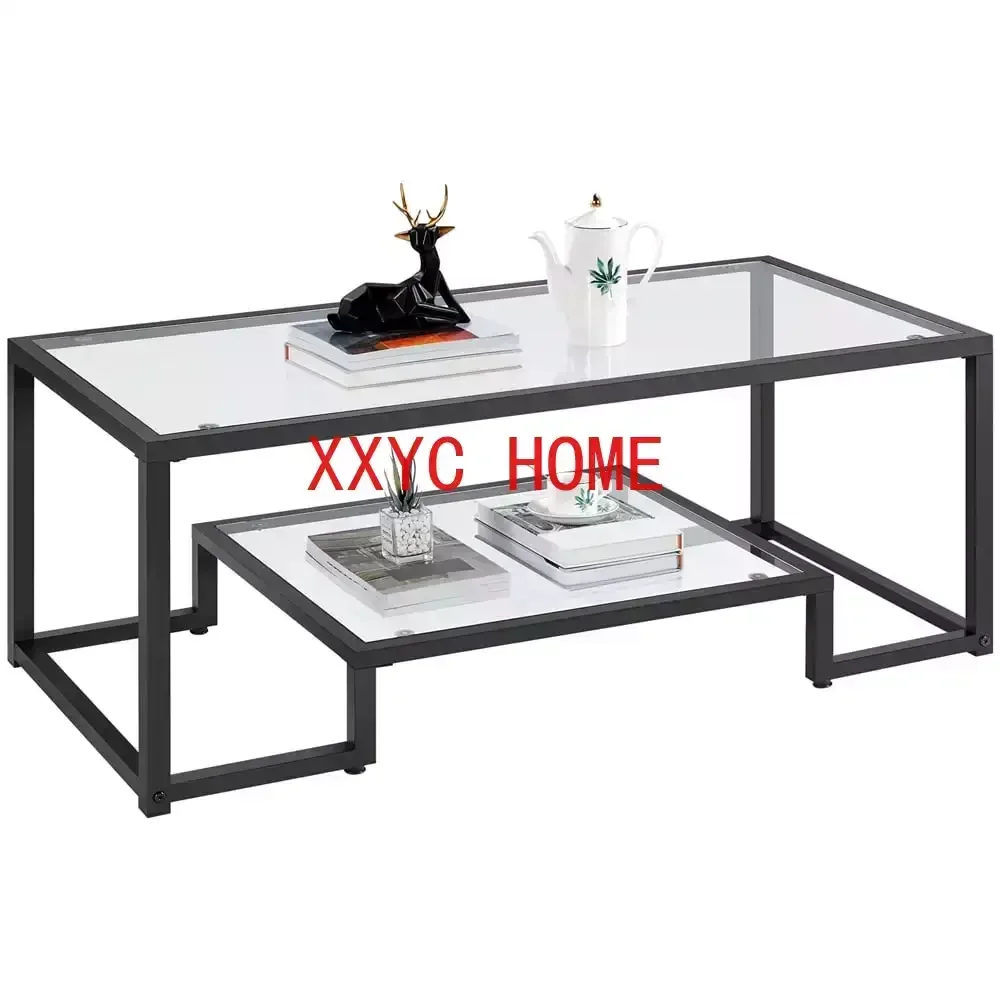 

Modern Glass Coffee Table with Metal Frame, Black