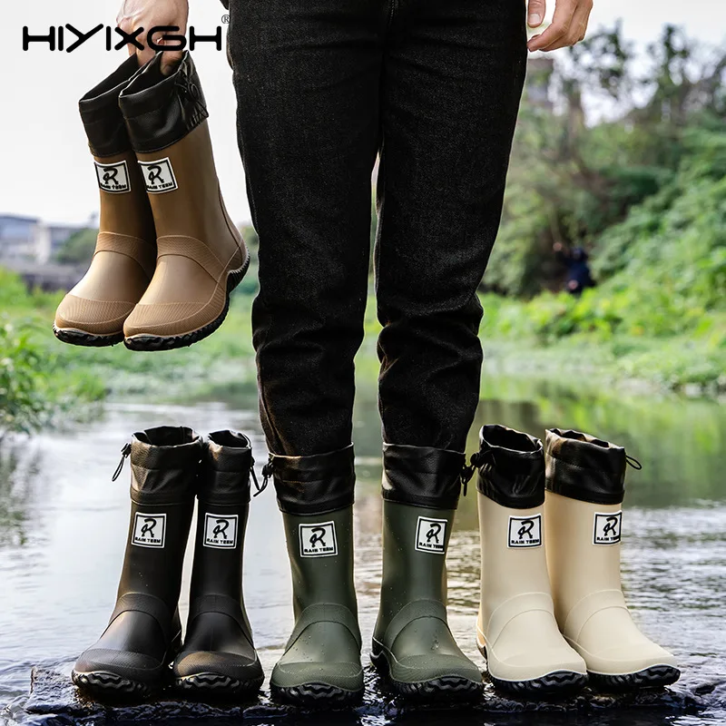 Men's Women High-End Rain Boots Closed Rainproof and Waterproof Mid Calf Length Non-Slip Drawstring Rubber Boots Big Size 36-51
