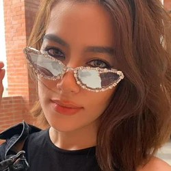 SO&EI Fashion Luxury Crystal Women Cat Eye Sunglasses Shades UV400 Retro Trending Men Metal Frame Gradient Mirror Sun Glasses