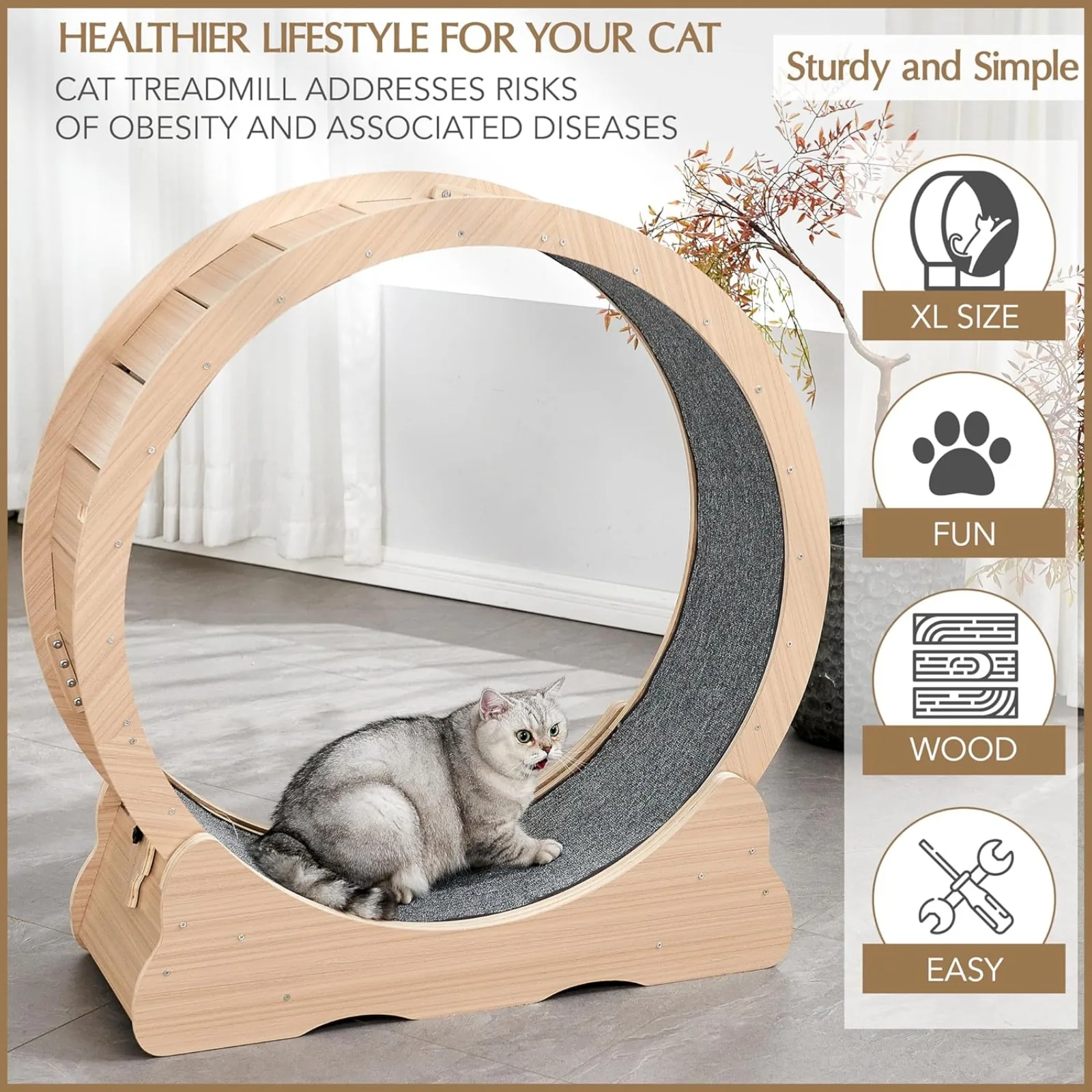 

us Cat Running Exercise Wheel Treadmill - Natural Color Cat Exercise Treadmill Wheel for Indoor Cats with Locking Mechani