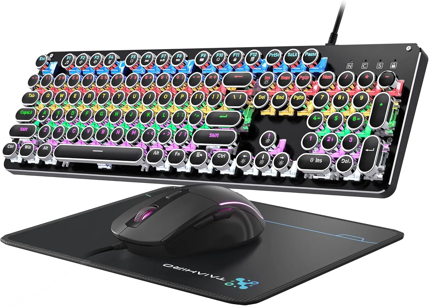 

Комбинированная механическая игровая клавиатура и мышь в стиле ретро, 104 клавиши, синий переключатель с RGB-подсветкой, металлическая панель, стиль панк, черный