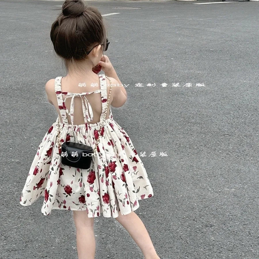 

Summer new girls' retro rose backless dress children's Korean version western-style camisole vest dress