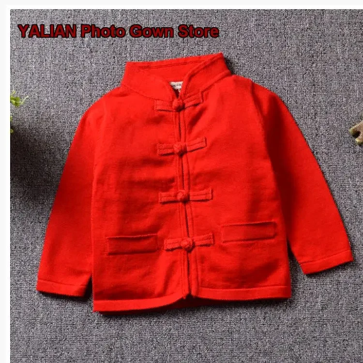 Tang Suit Style Knot Button Wool Knit Top Traditional Chinese Ethnic Style Pure Cotton Pullover for Boys and Girls