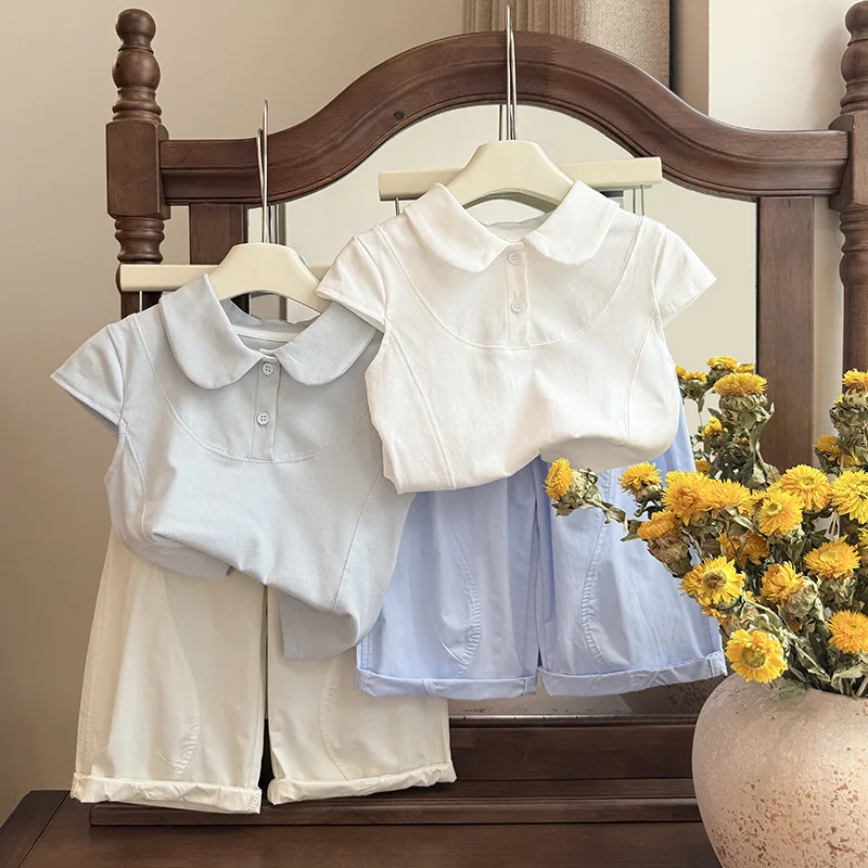 Summer Girls New Korean Versatile Short Sleeve Turn-down Collar T-shirt for Baby Girls Stylish Top Children Clothing Trendy