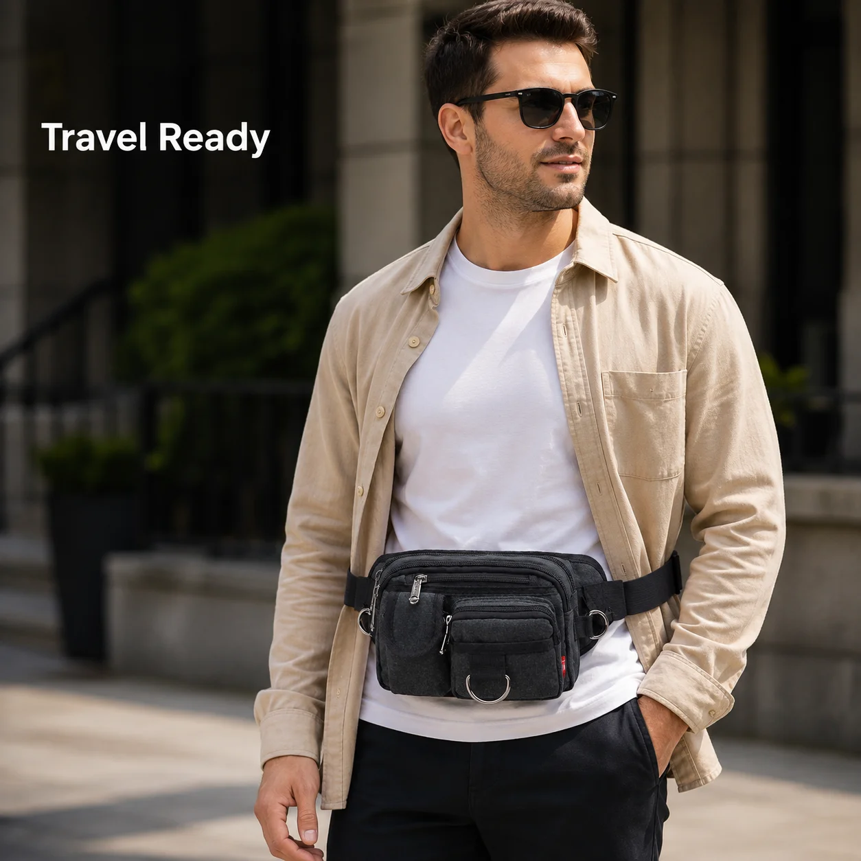 Men's Canvas Waist Bag for Travel Walking, Multi-Pocket Fanny Pack for Phone Wallet Keys, Adjustable Outdoor Hip Pack
