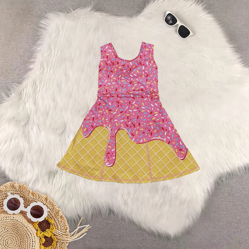 

8.28 Baby Girls Summer Dresses Baby Girls Pink Ice-cream Drip Yoga Skort Knee Length Dresses