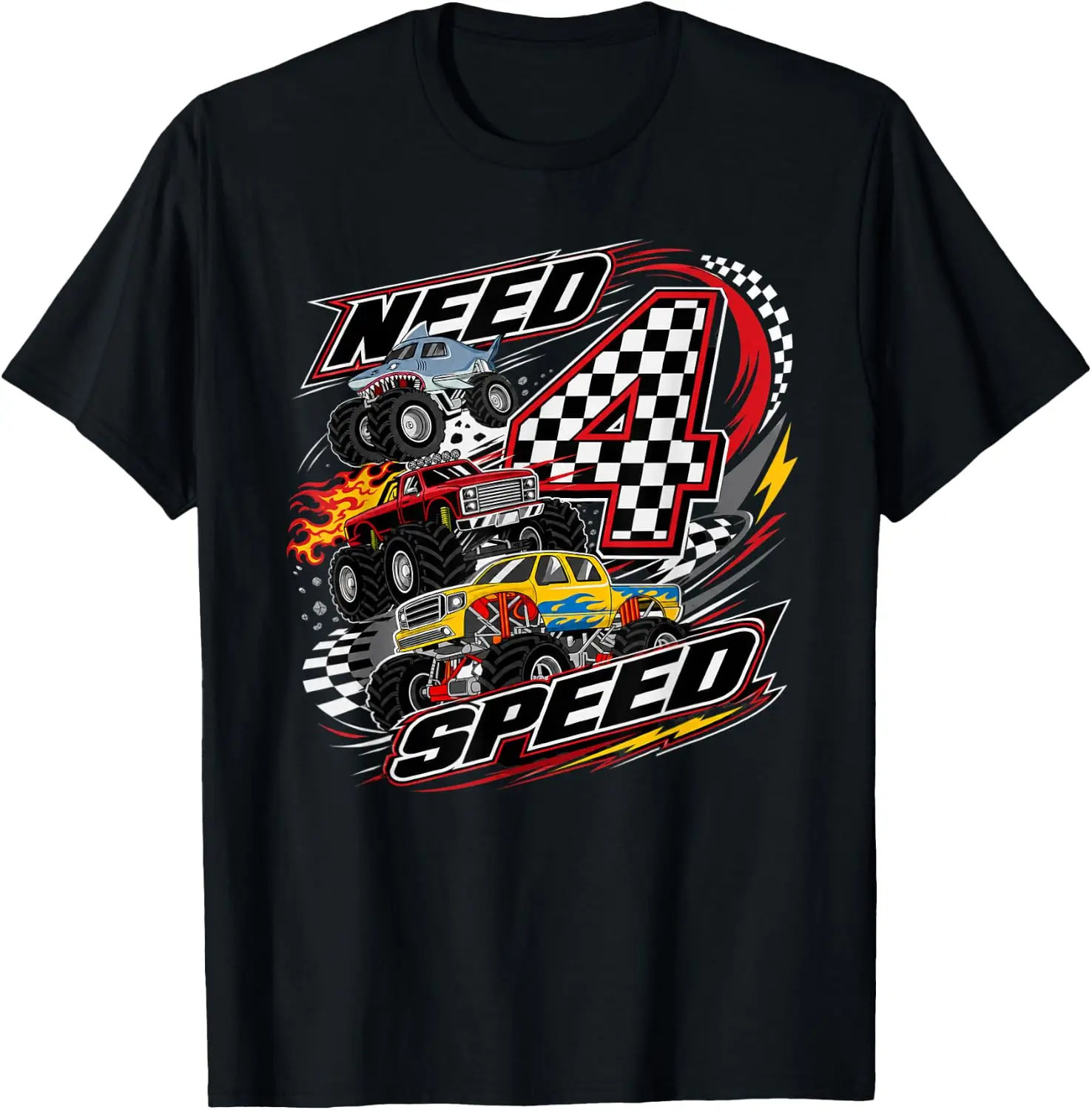 Need Speed Racing Monster Truck 4 Years Old 4Th Birthday T-Shirt Men Women Unisex Novelty Graphic T‑Shirt, Classic Crew Neck 100% Cotton Tee, Lightweight Anti‑Pilling Breathable Casual Tops, Year‑Round Daily Outfit, Holiday Birthday Present Tee