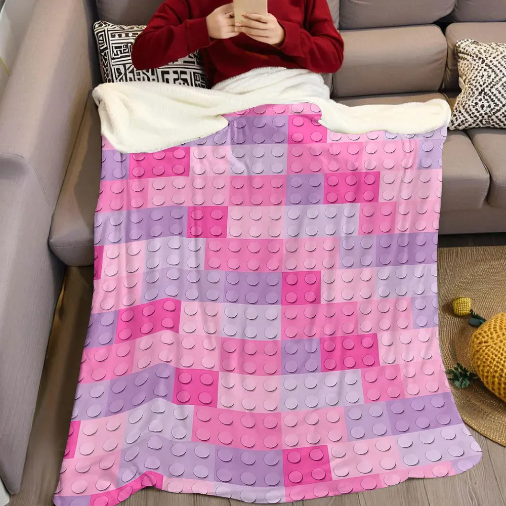 Pink Lego Brick Tile Flannel Blanket Warm Soft Halloween Christmas Decorative Couch Warm Cozy All-Season Gift