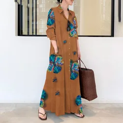 Women Vintage Cotton Linen Dress Summer Casual Button Up Print Long Sleeve Dresses Robe Ladies Loose Elegant Shirt Dress 2024