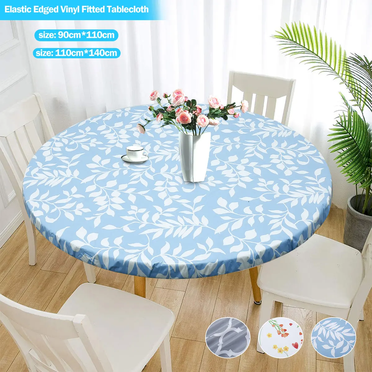 Round Table Cover Elastic Edged Tablecloth Indoor Outdoor Fitted Vinyl Table Cloth Oil Waterproof Wipeable Table Protector Cover