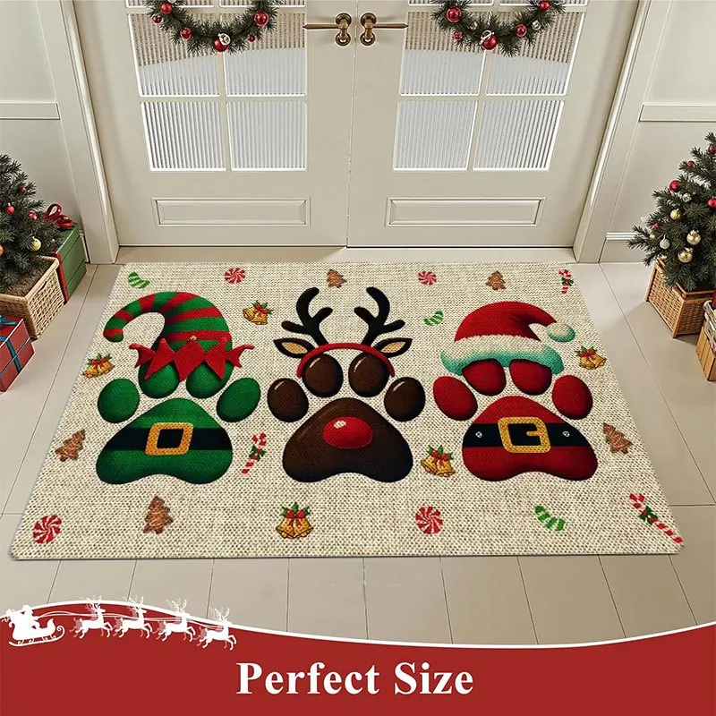 Santa Hat Elf Antlers Paw Print Welcome Doormat Non Slip Washable Rug For Bedroom Living Room Home Decor