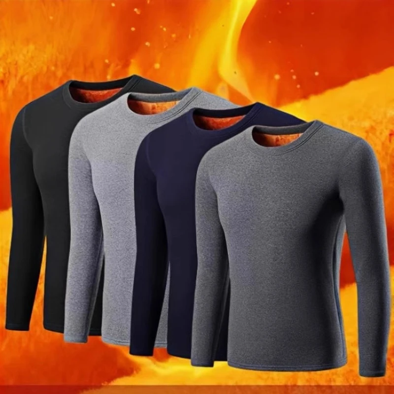 Mens Thermal Underwear Hickened Solid Color Round Neck T-Shirt Long-Sleeved Fleece Bottoms Shirts Winter Warm Long Lohns Blouse