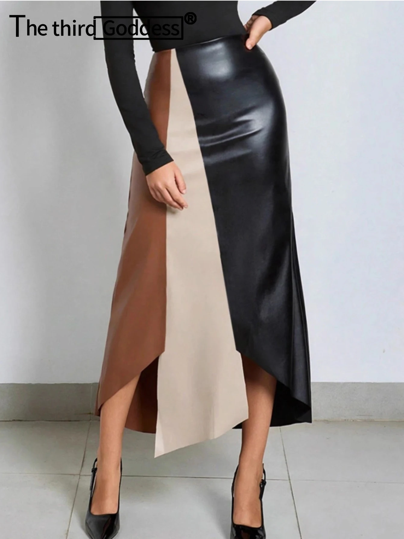 

Сексуальная черная лоскутная длинная юбка из искусственной кожи, женские клубные юбки для дня рождения, женская одежда, кожаная юбка с высокой талией, модная уличная одежда