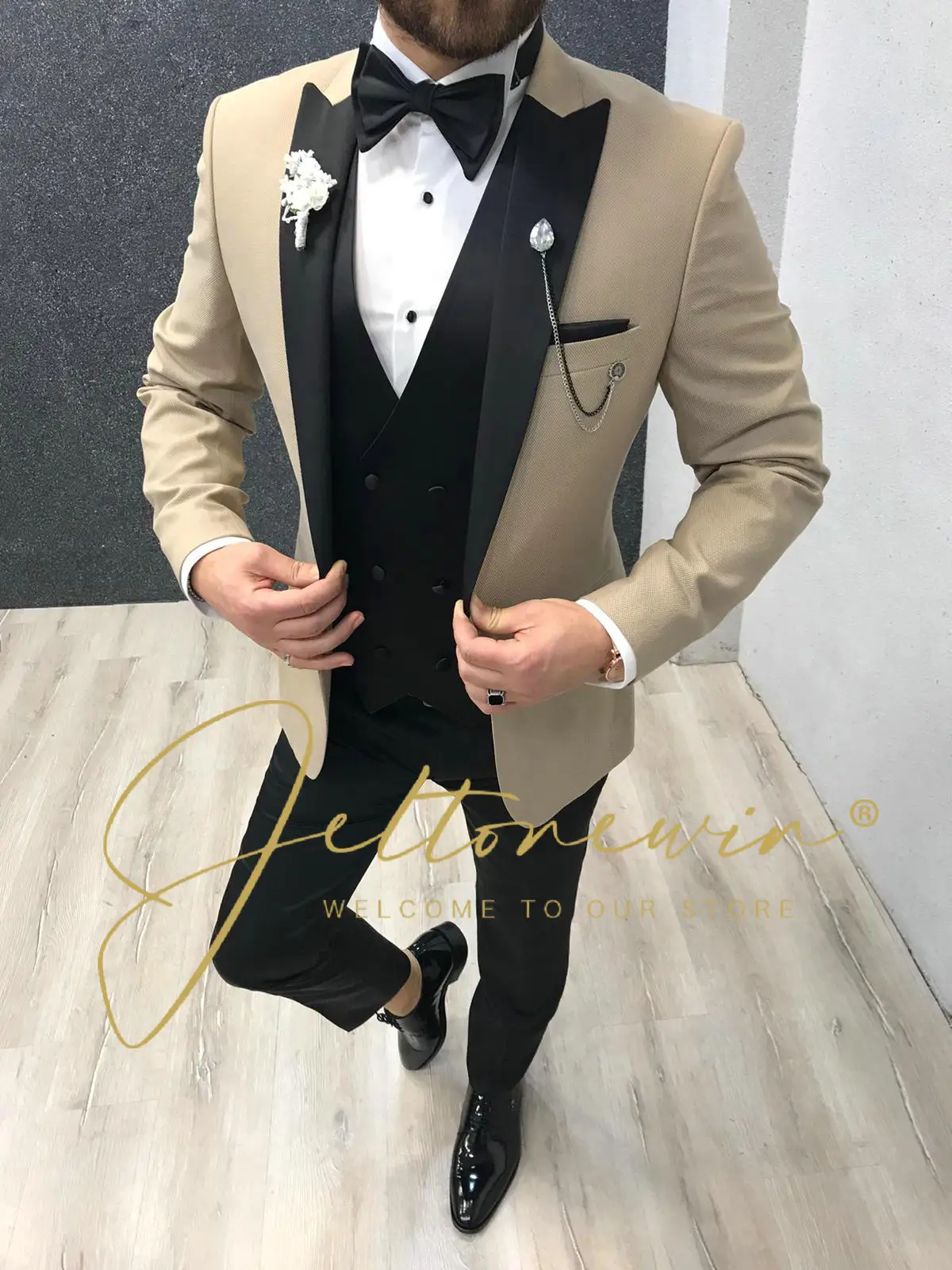 Men's Beige and Black Tuxedo Satin Lapel Suit High-Quality Formal Wear for Weddings and Special Events Trendy Design 2025