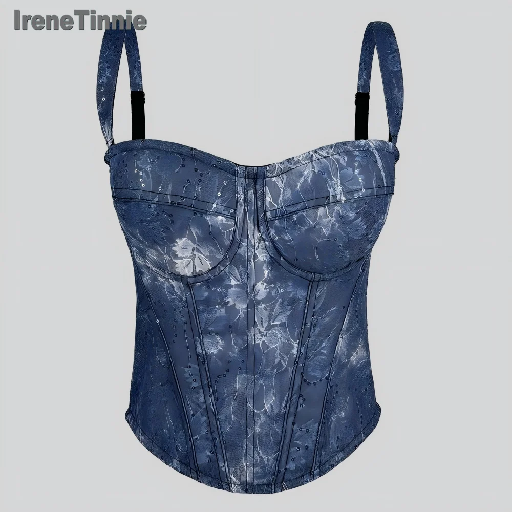 

IRENE TINNIE Ретро джинсовый синий цвет жилет стиль женские топы-трубы сексуальное корректирующее белье для тела тонкие Y2K кружевные топы с рыбьей костью 2025