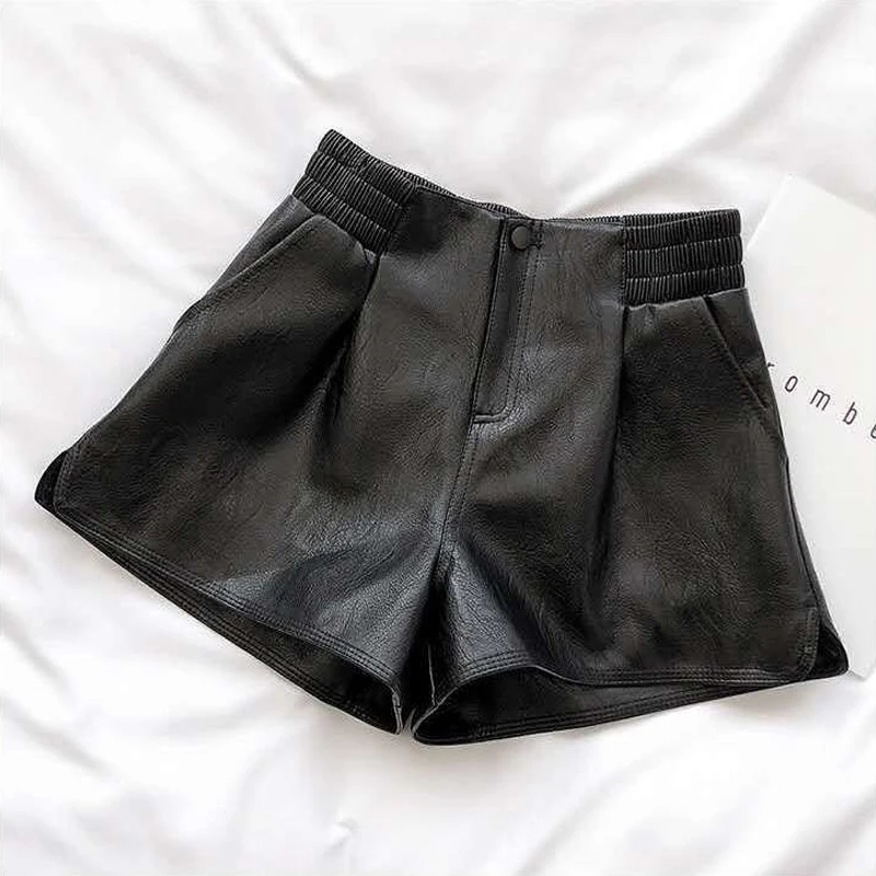 Spring Autumn New Elastic Waist Loose Leather Shorts Solid Color All-match Zipper Wide Leg Pants Fashion Vintage Women Clothing