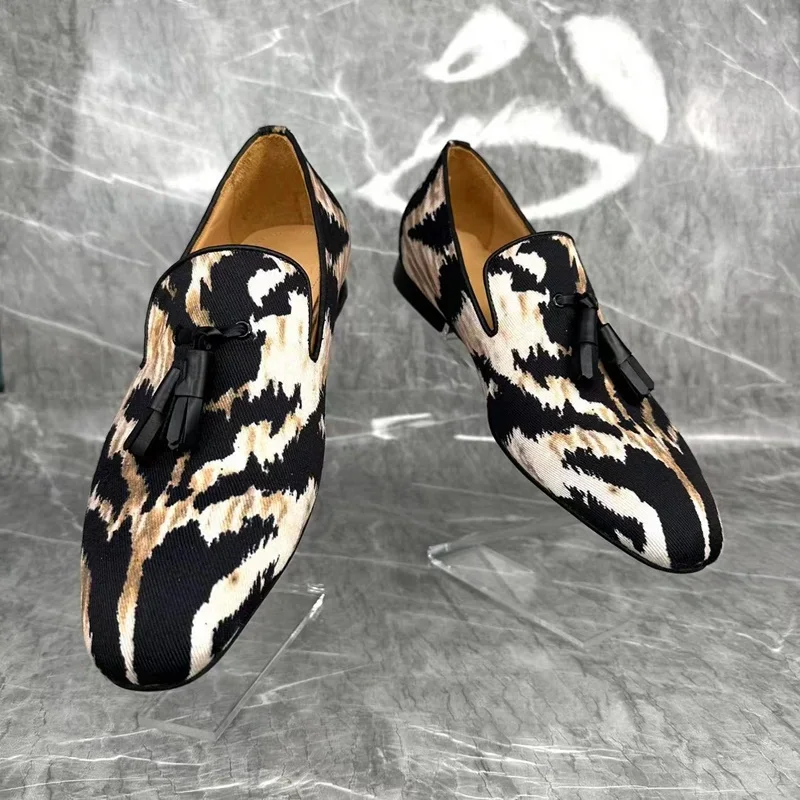 Leopard-Print Horsehair Flat Shoes for Men Loafers Punk Soft Man Shoes Slip On Tassel Runway Party Wedding Dress Shoes Spring