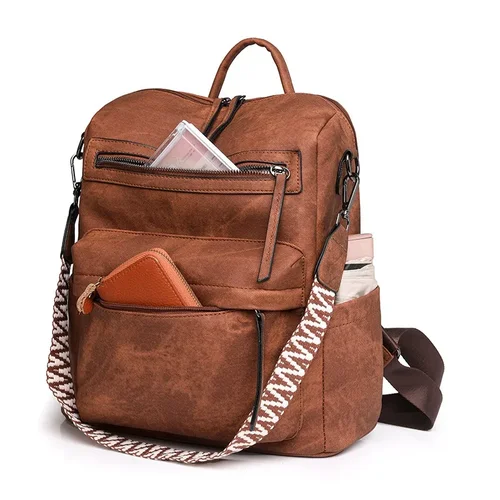 Imagen 2 del producto Mochila para ordenador portátil de estilo universitario de viaje Retro de gran capacidad de cuero PU impermeable y antirrobo para mujer bolso de hombro