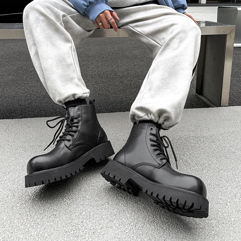 British style men fashion platform boots lace-up natural leather shoes big toe cowboy tooling work boot cool ankle botas hombre
