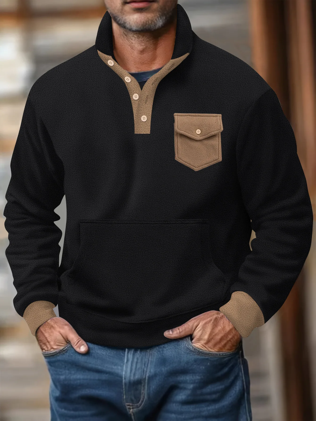 

Winter new cross-border men's long staple cotton stand collar half button long sleeve tactical pocket pullover sports Polo shirt