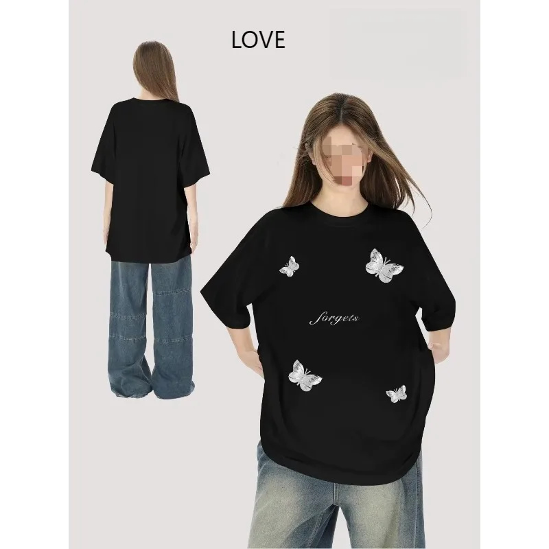 

Новая весенне-летняя черная футболка с бабочкой, свободная модная футболка унисекс, винтажная повседневная футболка с коротким рукавом, топ