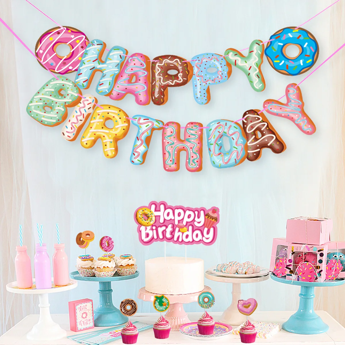 Donut Happy Birthday Paper Banner Donut Garland Bunting Banner for Donut Grow Up Birthday Party Baby Shower Decorations Supplies