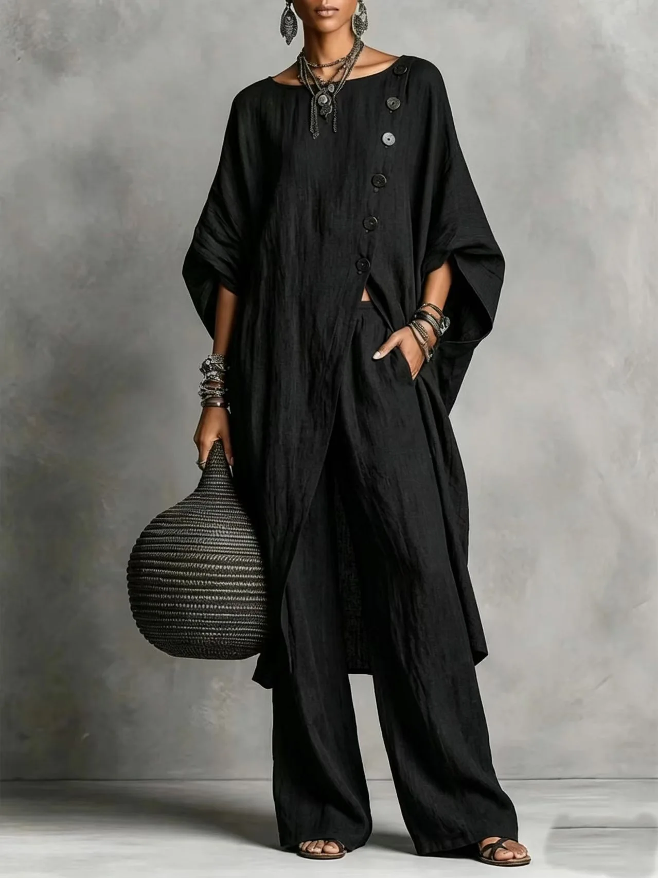 

Women Cotton Linen Two Piece Set Oversized Batwing Sleeve Top Wide Leg Pants Casual Boho Lounge Outfit