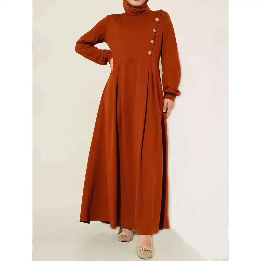 

Muslim Women's Clothing Spring and Autumn New Fashion Elegant Long Sleeved Solid Color Dress Long Robe Islam Elegant