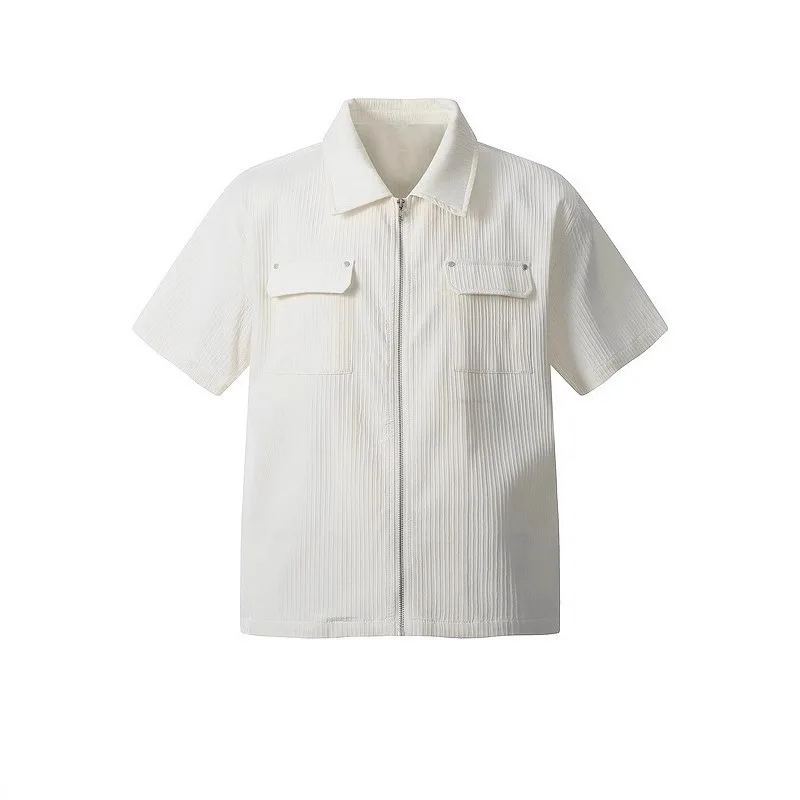 Simple Casual Textured Lapel Shirt Short Sleeve 2026 Summer Men's Solid Color