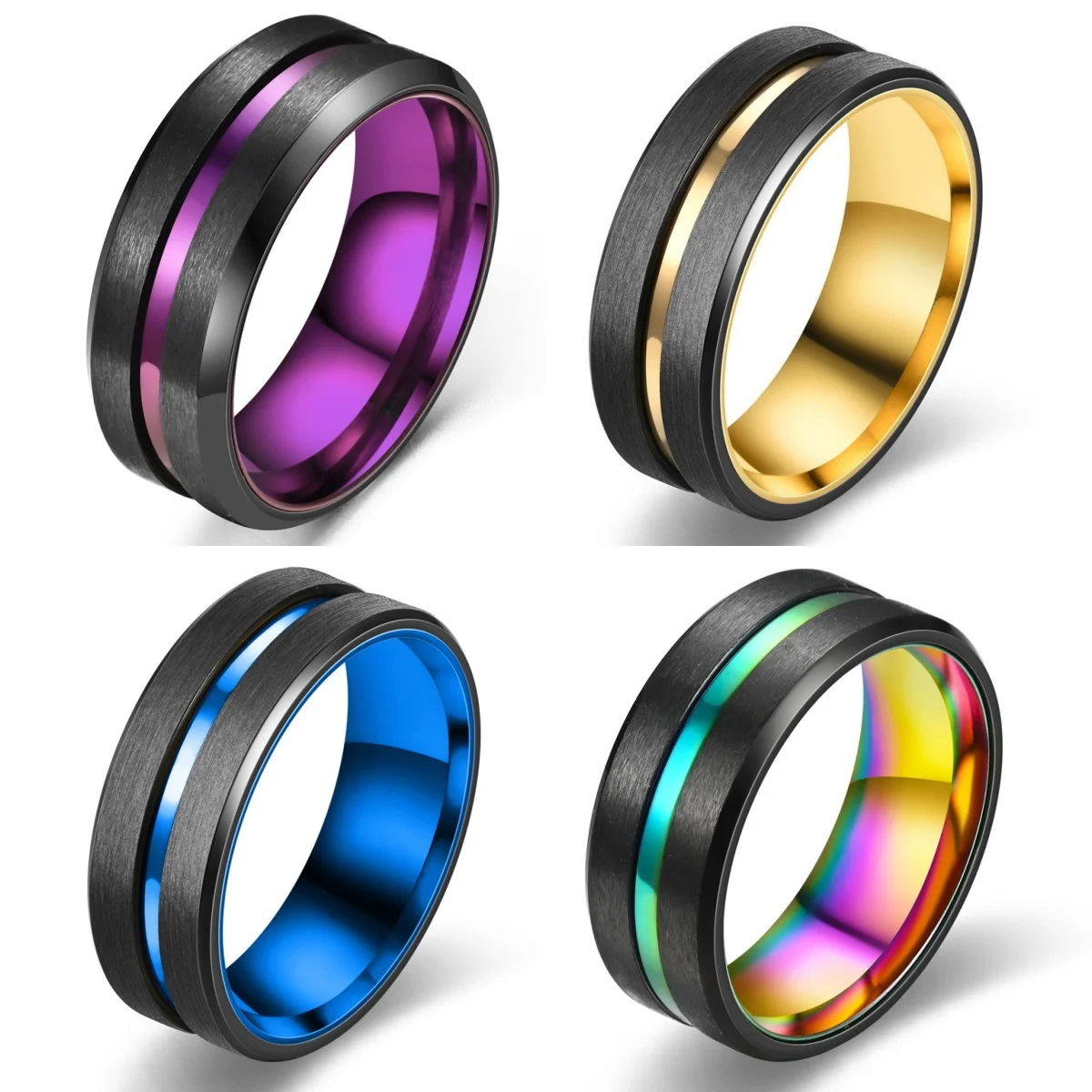 

Hot Selling Stainless Steel Black Bevel Two-Tone Rings For Women Men Jewelry Accessories Wholesale Size 6-13 ﻿