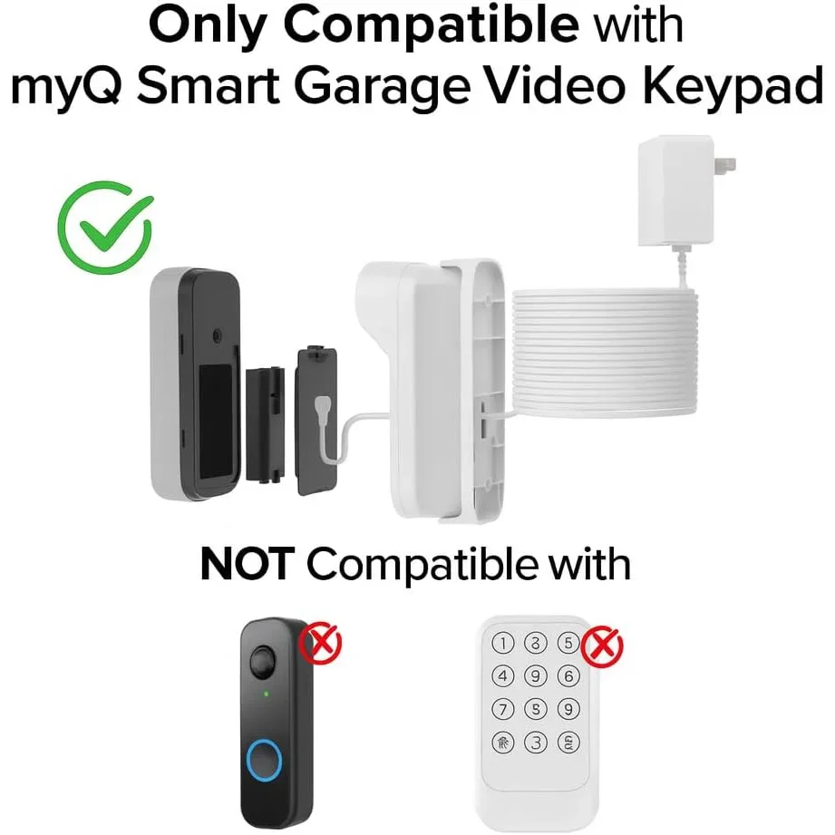 12V Power Adapter Kit for myQ Smart Garage Video Keypad, 25ft Charging Cable & Swivel Angle Bracket,  Mounting Bracket for myQ