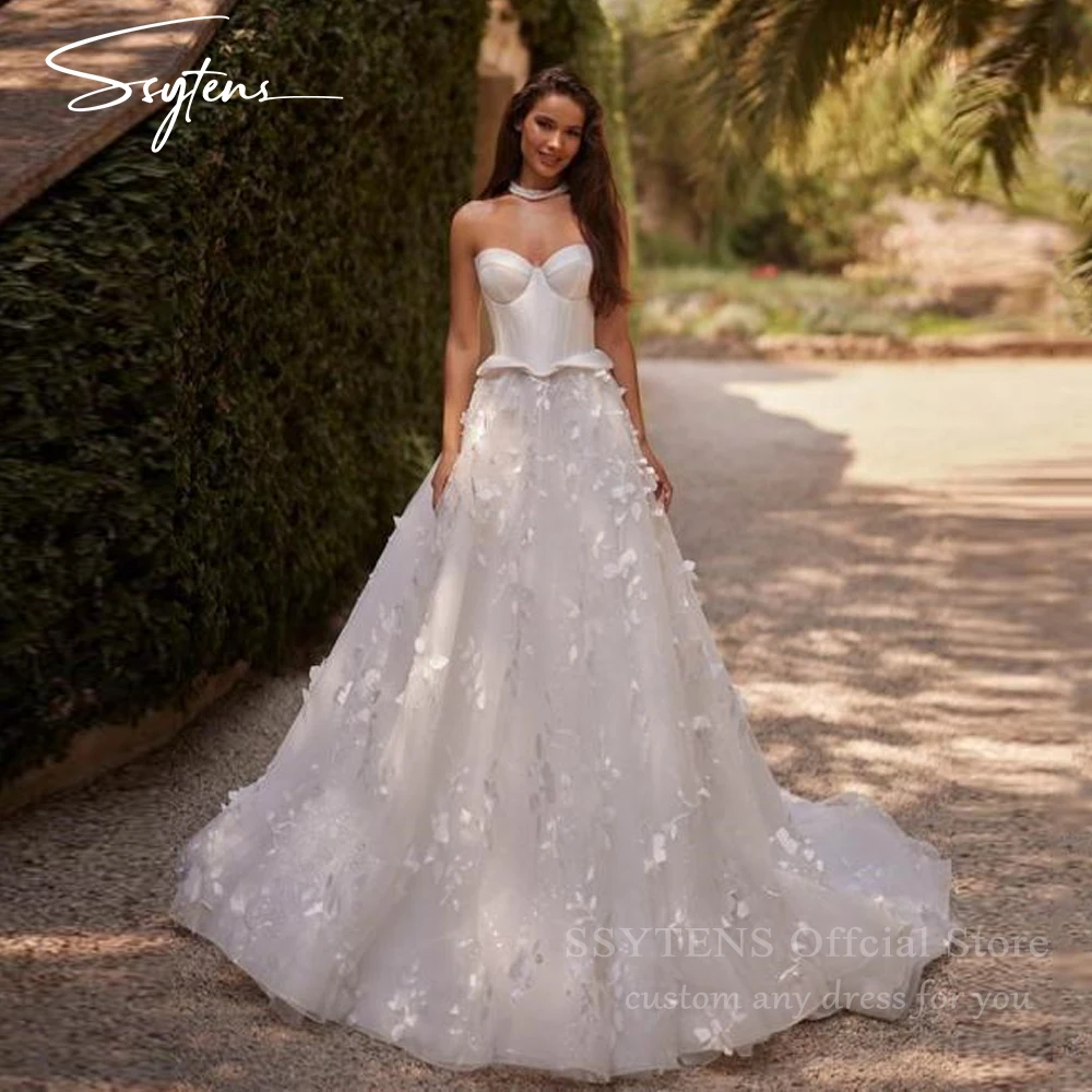 SSYTENS Customized A-Line Tulle Wedding Dresses Sweetheart Neck Appliques vestidos de noche Sleeveless Long Train robe de mariée
