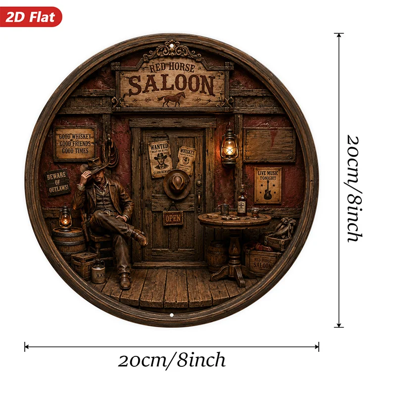 CIFBUY Rustic Western Bar Round Aluminum Wall Art Red Horse Cowboy Decor Waterproof Durable For Office Study Entryway Indoor Out