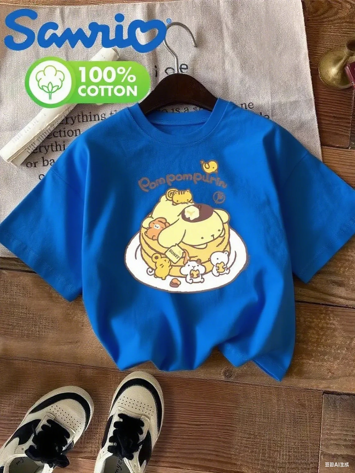 เสื้อยืดผ้าฝ้ายลายซานริโอ ปอมปอมปูรินแพนเค้กเลิฟปูรินพร้อมสัตว์ตัวเล็กพิมพ์ลายผ้าฝ้ายแท้ 100% เพื่อลุคหวานน่ารัก