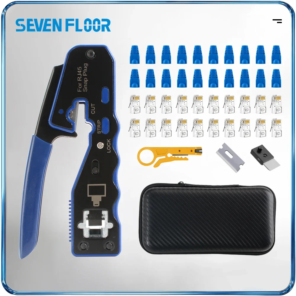 Pass Through RJ45 Crimping Tool Kit, 3-in-1 Crimp Cut Strip, 8P Network Crimper for Cat6A Cat6 Cat5e Ethernet Cable with Plugs