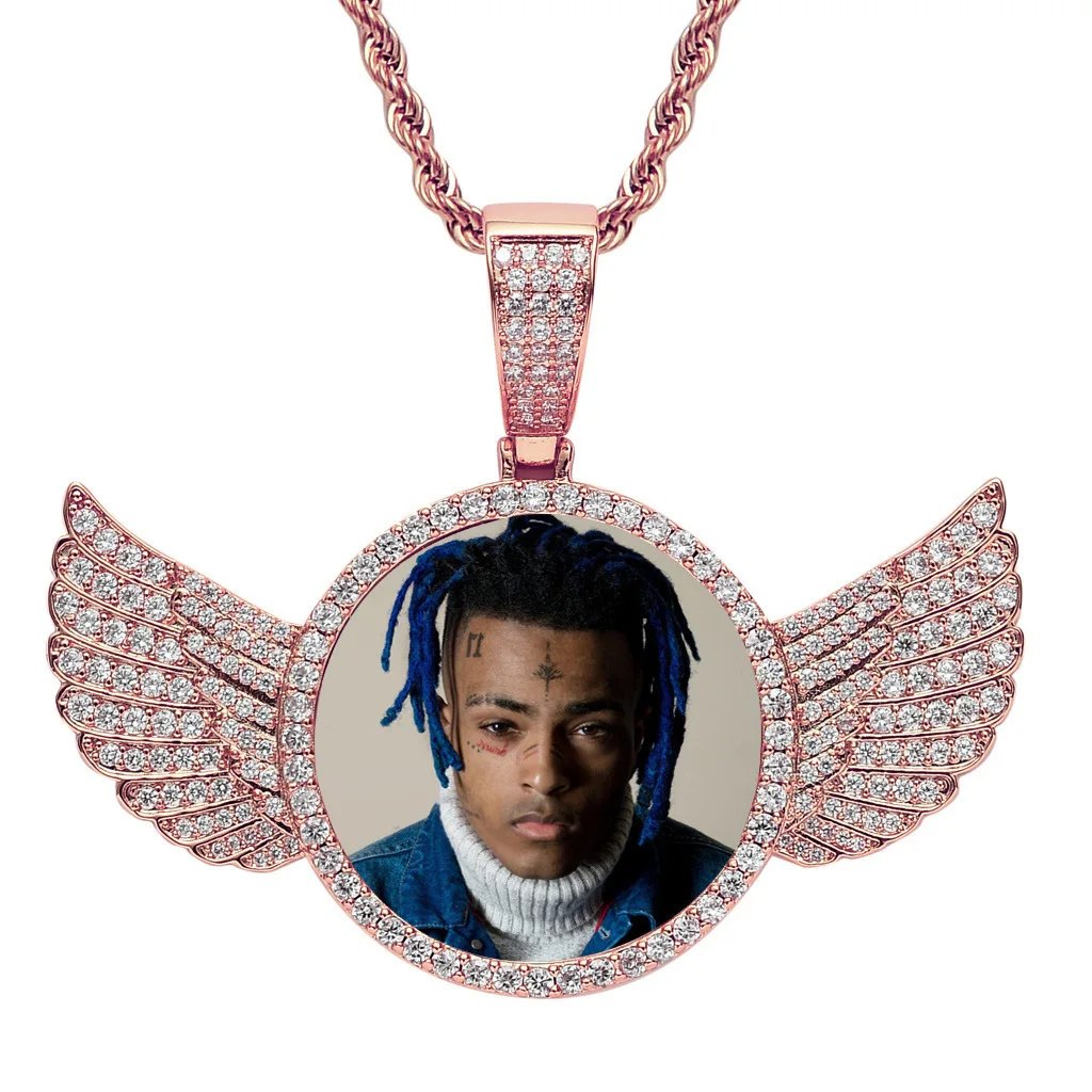 Round photo necklace, wing frame, copper product, full diamond couple pendant, hip-hop style