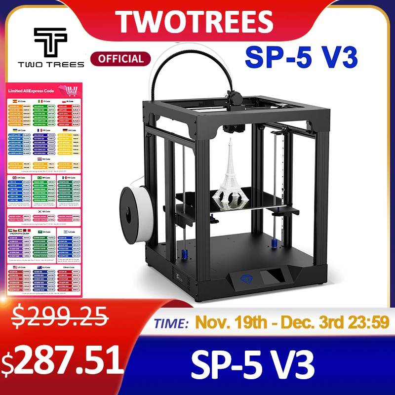 Twotrees High Speed 3D Printer SP-5 V3 Upgrade Core XY FDM Large size Color Printer 350m/s Dual Z Axis Print PA/PC/PLA