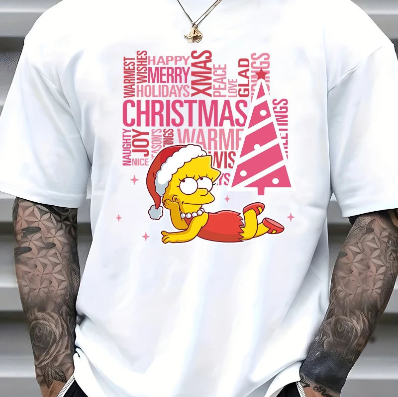 الصيف سيمبسون الرجال نمط تي شيرت ، ليزا عيد الميلاد قبعة طباعة نمط الرجال المألوف قصيرة الأكمام جولة الرقبة تي شيرت #1