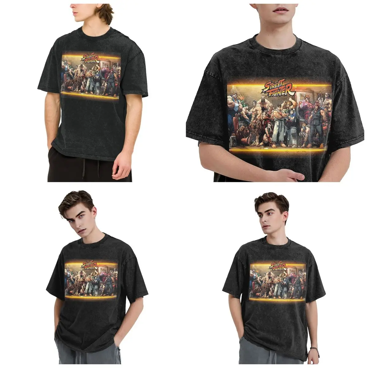 Streetwear T-Shirts Defeated Portraits Super Street Fighter Washed T Shirt Short Sleeve Hip Hop T-Shirt Tops Tees for Men Women