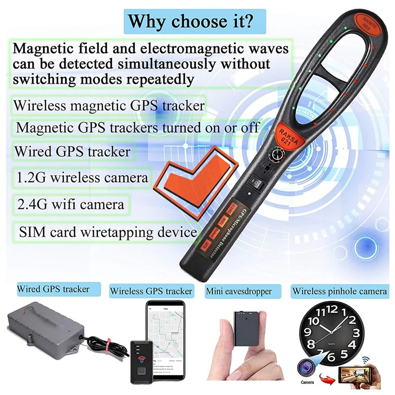 Raksa 021 Scanner di sicurezza portatile rilevatore di segnale GPS per auto Wireless per rilevare segnale RF Wireless e rilevatore di magneti