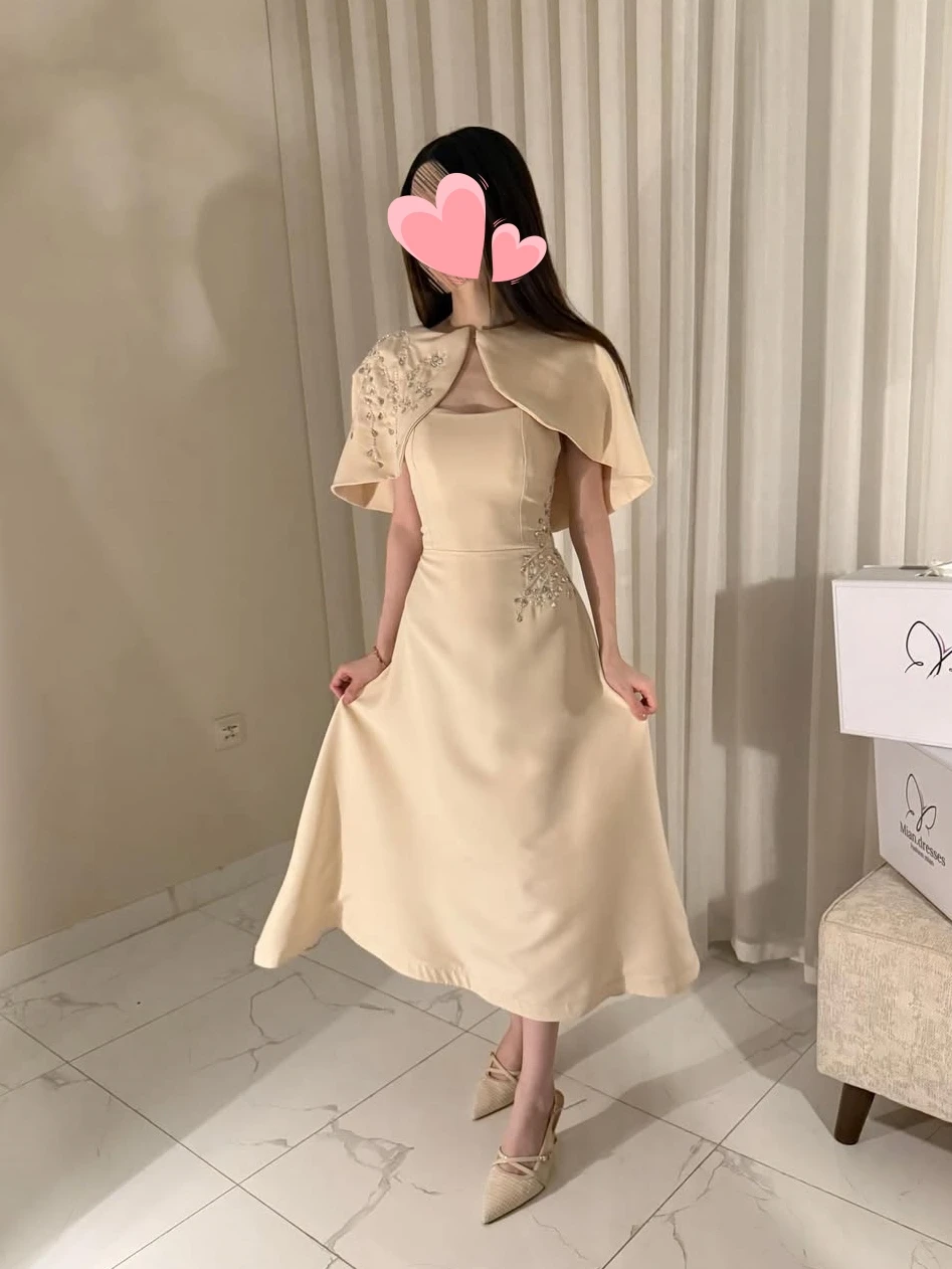 

Oisslec Prom Dress Elegant Vintage Sweet Champagne Beads Cape New Customized Formal Occasion Prom Dress Evening Party Gowns