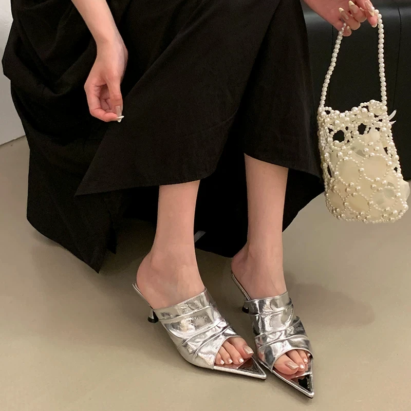 

Fashionable Soft Leather Pleated Sexy High-heeled Slippers for Women's Summer, New Pointed Toe Exposed Thin Heel Slippers