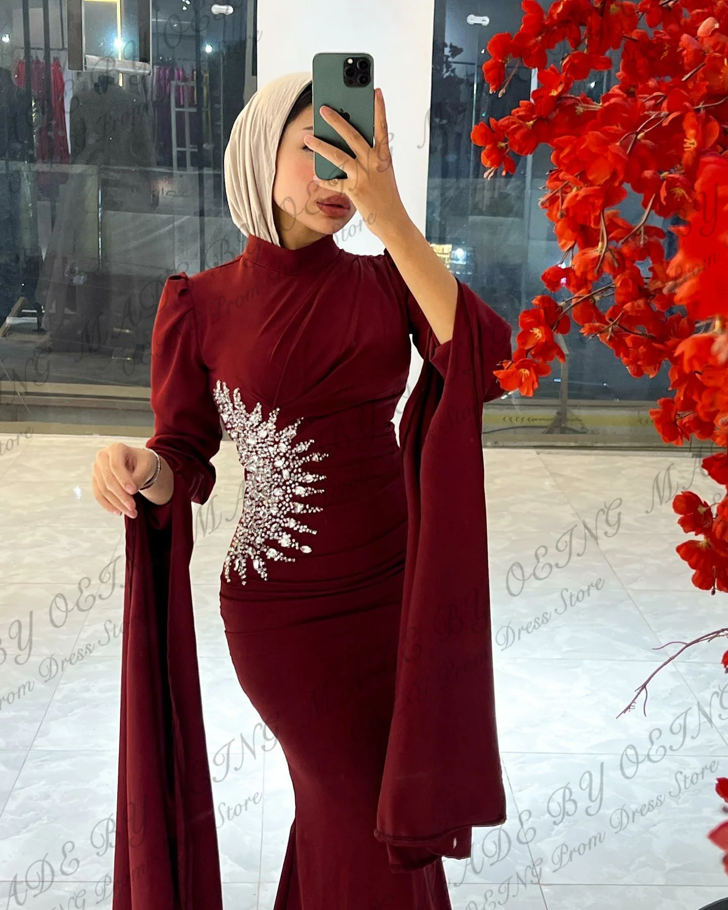 OEING Simple Muslim Arabic Women Mermaid Evening Dresses High Neck Long Sleeves Pleated Saudi Formal Prom Gowns With Cape