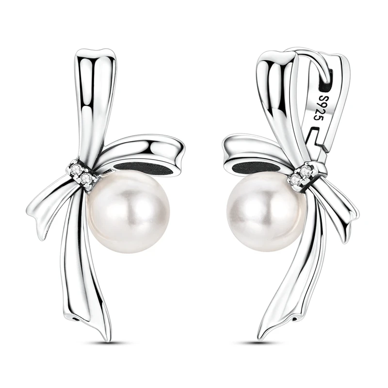 

Plated 925 Silver Bow Pearl CZ Huggie Dangle Earrings for Women Girls Trendy Fashion Jewelry Dainty Elegant Feminine Gift